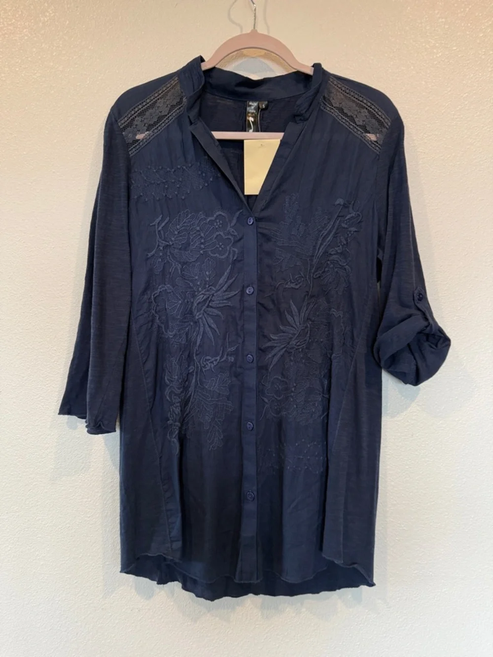 Navy Embroidered Button-Front Women's Top